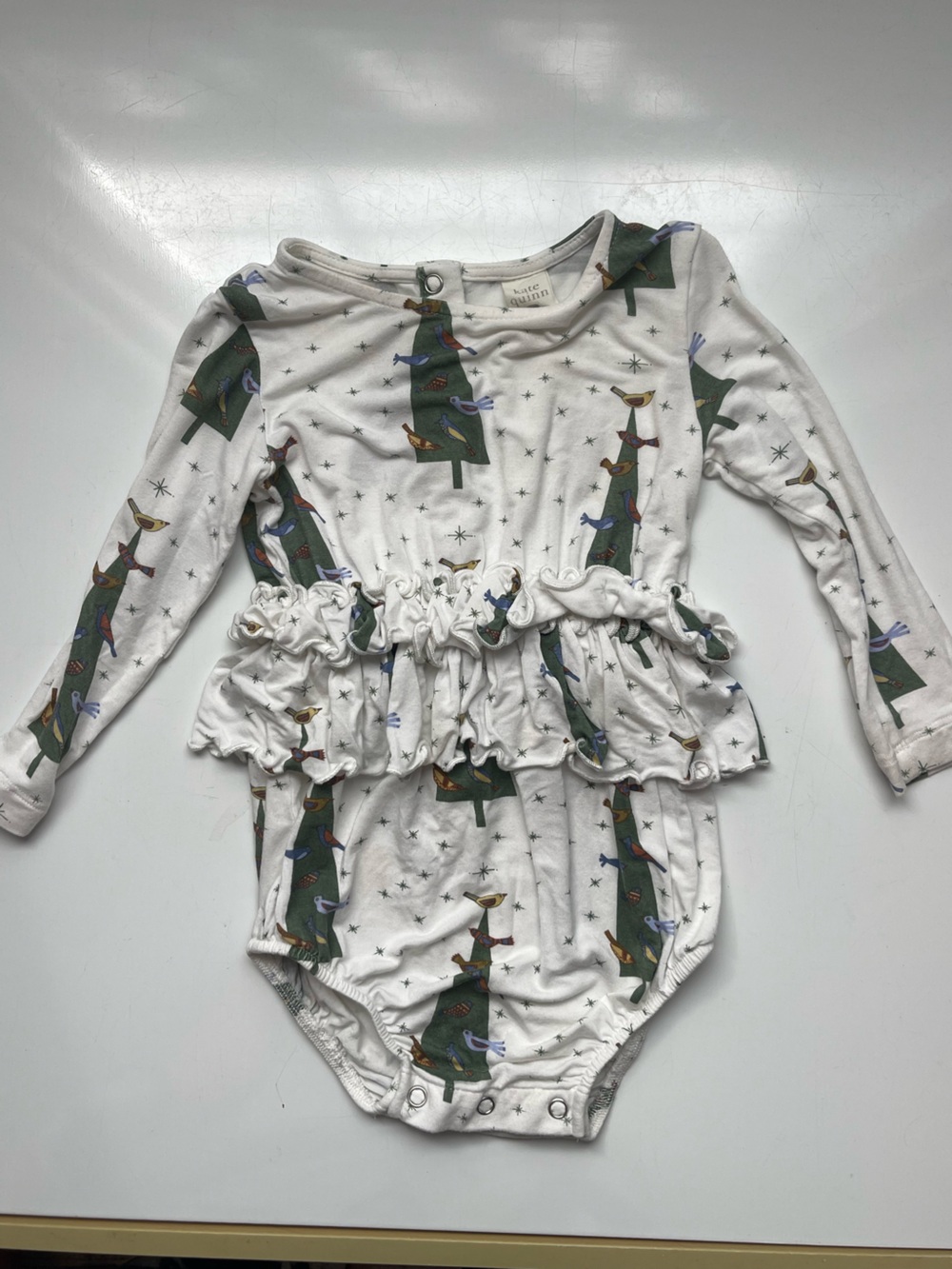 Kate Quinn Ruffle Waist White Holiday Tree Print Long Sleeve Top